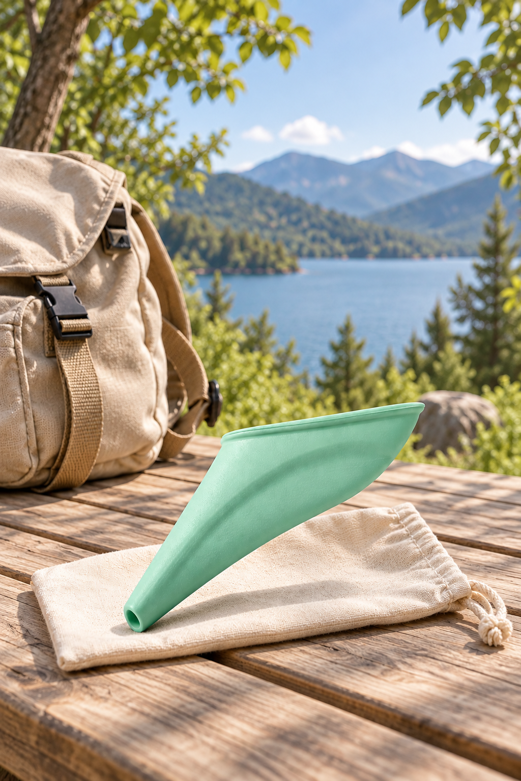 MaggaFree junto a una mochila de viaje, con un paisaje de montaña y lago de fondo