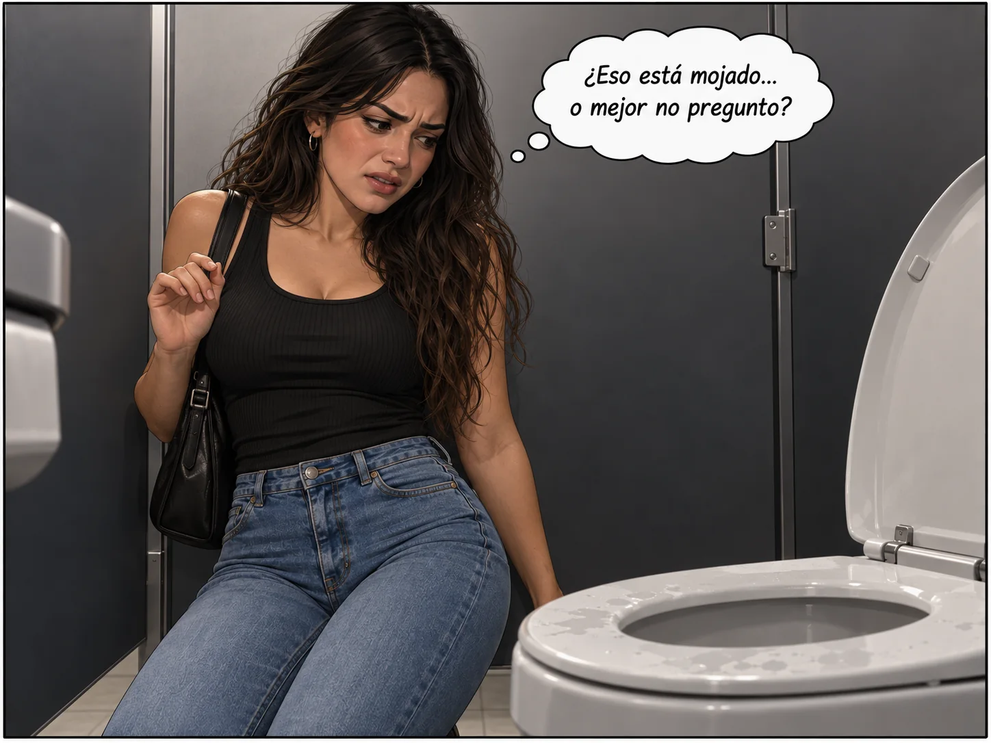Mujer observando con desconfianza el asiento de un baño público