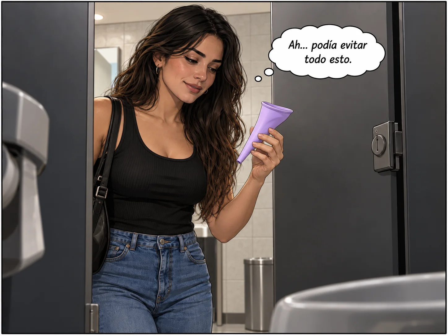 Mujer mirando un urinador femenino MaggaFree color lila en un baño público